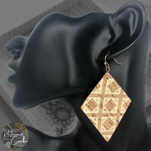 Ivory Square Printed Cork Earrings